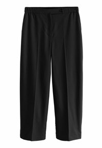 Schwarze, weit geschnittene Hosen mit elastischem Bund und einem einzelnen Knopf, die eine glatte Textur und ein maßgeschneidertes Design aufweisen.