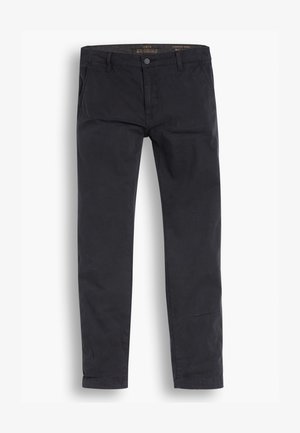 Pantalons chino noirs en coton. Présente un design à taper standard, des poches avant et une fermeture à bouton avec une texture lisse.