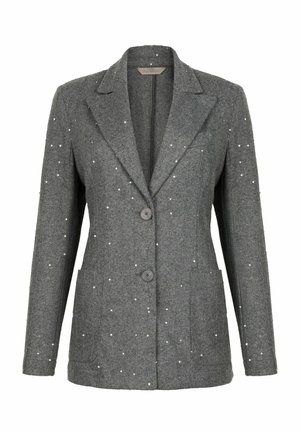 Grau Wolle Blazer mit taillierter Passform, mit einem Reverskragen, vorderen Knöpfen und silbernen Verzierungen über dem Stoff. Zwei Fronttaschen.