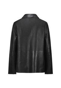 Schwarze Lederjacke mit glatter Textur, ausgestattet mit einem Reverskragen, langen Ärmeln und einem minimalistischen Design, gezeigt von hinten.