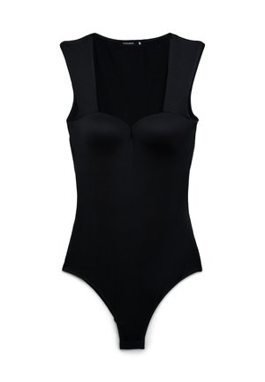 Body nero in tessuto liscio ed elastico. Presenta spalline larghe, coppe strutturate e design a gambe ad alta apertura. Taglia: S.