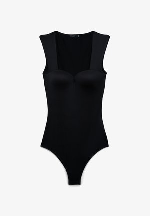 Body nero in tessuto liscio ed elastico. Presenta spalline larghe, coppe strutturate e design a gambe ad alta apertura. Taglia: S.