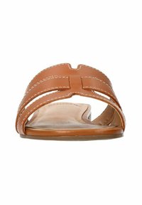 Brown leather slide sandal with two wide straps, featuring white stitching. Flat sole with a slightly curved footbed for comfort.