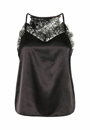 Camisola de satén negra con un encaje en el escote, tirantes spaghetti ajustables y un ajuste relajado. Textura suave, diseño elegante.