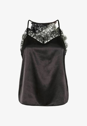 Černá saténová košilka s krajkovým překrytím podél výstřihu, nastavitelné tenké ramínka a volný střih. Hladká textura, elegantní design.