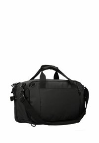 Borsa da viaggio nera realizzata in tessuto resistente. Presenta doppi manici, una tracolla regolabile e numerosi scomparti con cerniere.