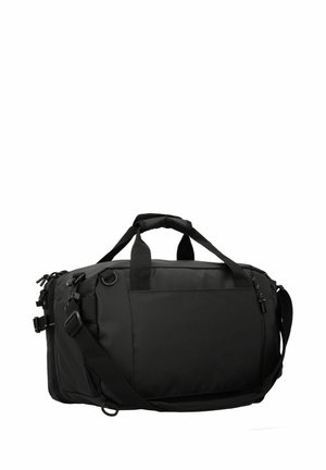 Borsa da viaggio nera realizzata in tessuto resistente. Presenta doppi manici, una tracolla regolabile e numerosi scomparti con cerniere.