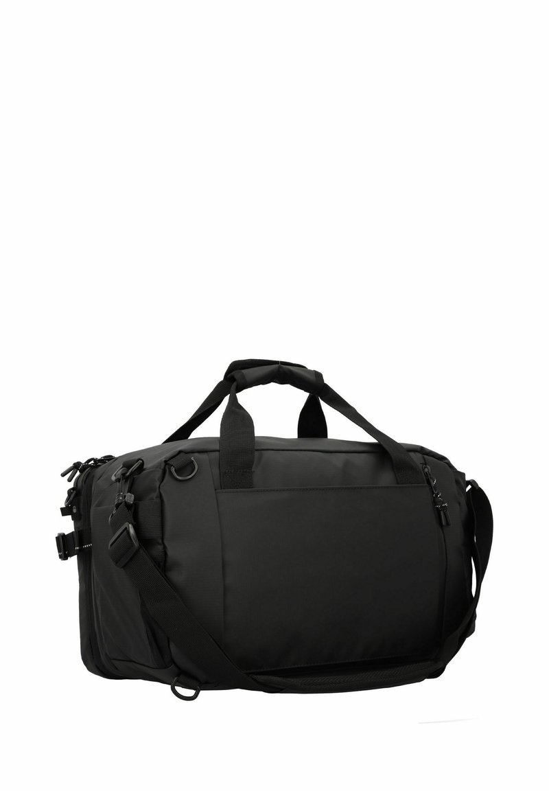 Borsa da viaggio nera realizzata in tessuto resistente. Presenta doppi manici, una tracolla regolabile e numerosi scomparti con cerniere.