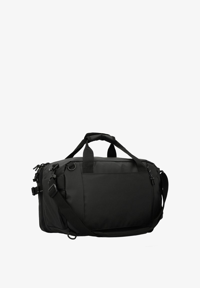 Borsa da viaggio nera realizzata in tessuto resistente. Presenta doppi manici, una tracolla regolabile e numerosi scomparti con cerniere.