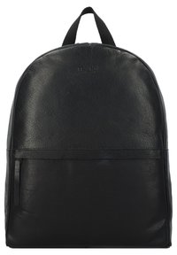 Black leather backpack with a rounded top, front zip pocket, and a top handle. Features a textured surface and subtle branding.