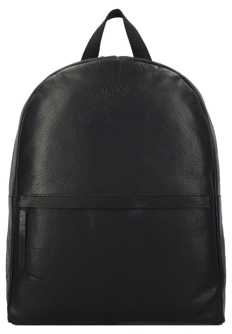 Black leather backpack with a rounded top, front zip pocket, and a top handle. Features a textured surface and subtle branding.
