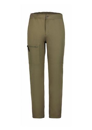 Olijfgroene outdoor broek gemaakt van zachte, lichtgewicht stof, met een ritszak aan de zijkant en een elastische tailleband voor comfort.