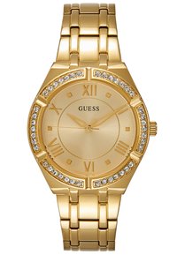 Reloj de acero inoxidable dorado con una carátula redonda, un dial texturizado brillante, números romanos y un bisel decorado con cristales.