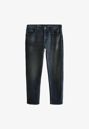 Slim fit dżinsy w ciemnym kolorze. Posiadają pięć kieszeni, szlufki na pasek oraz prosty krój nogawki. Gładka faktura z delikatnymi detalami wytarcia.