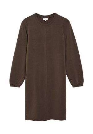 Robe marron à manches longues, longueur genou, avec col rond et léger détail bouffant aux poignets, sur fond blanc.