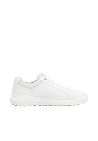 White sneaker with a smooth leather upper, mesh accent, round toe, and rubber sole featuring a textured pattern. Lace-up closure.