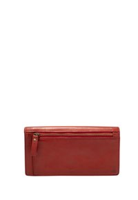 Portefeuille en cuir rouge avec une texture lisse, doté d'une poche zippée à l'arrière et d'un design simple et rectangulaire. Pas de marque visible.