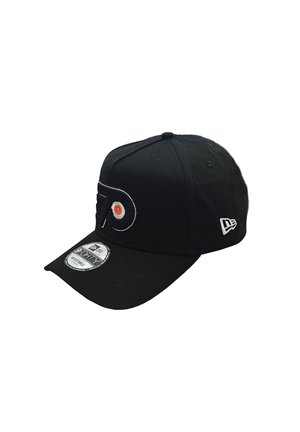 Black cap made of fabric featuring embroidered logo on the front, curved brim, adjustable strap, and a circular sticker label.