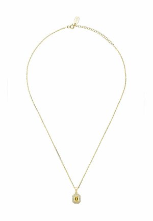 Finom aranylánc nyaklánc smaragd csiszolású sárga drágakő medállal, amelyet kis átlátszó kövek vesznek körül.