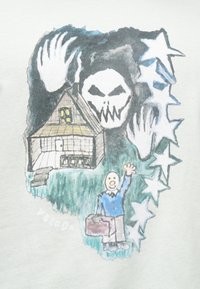 Γραφική απεικόνιση σε ανοιχτόχρωμη μπλούζα με ένα σπίτι, μια φιγούρα με χαρτοφύλακα, ένα απειλητικό κρανίο και μεγάλα χέρια σε σκούρα χρώματα.