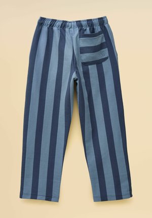 Blaue und marineblaue, vertikal gestreifte Hose mit elastischem Bund und einer Tasche auf der rechten Seite mit passenden horizontalen Streifen.
