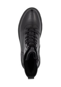 Bottine noire en cuir avec lacets, fermeture éclair latérale et col rembourré, vue de dessus.