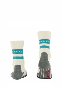 Die Falke Socken verfügen über einen cremefarbenen, gerippten Schaft mit türkisfarbenen Streifen und Logo sowie einer grauen, strukturierten Fußsohle mit roten Akzenten für besseren Halt.