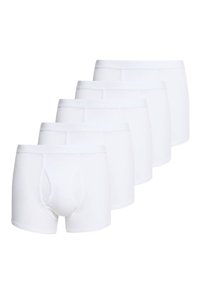 Weiße Baumwoll-Boxershorts mit enger Passform, ausgestattet mit einem elastischen Bund und einem Vorderpouch, präsentiert in einem Set von fünf.