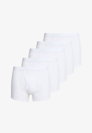 Weiße Baumwoll-Boxershorts mit enger Passform, ausgestattet mit einem elastischen Bund und einem Vorderpouch, präsentiert in einem Set von fünf.