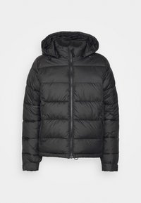 Chaqueta tipo abrigo negra con capucha, con cierre de cremallera, paneles cosidos y puños elásticos para mayor calidez y comodidad. Textura suave.