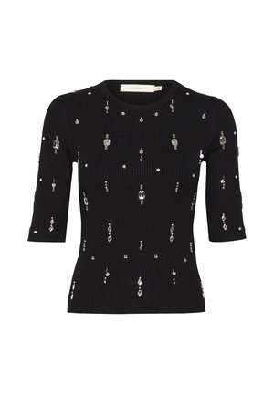 Black ribbed sweater with short sleeves, featuring scattered silver embellishments in various shapes and sizes for added texture and detail.