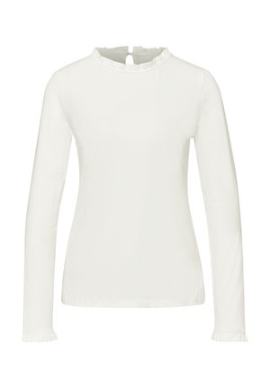 Haut blanc à manches longues en tissu lisse, avec un col et des poignets à volants, et un petit détail en forme d'œillet au dos.