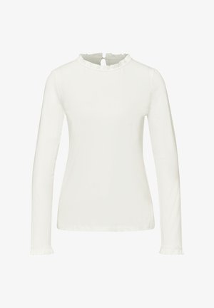 Langærmet hvid top lavet af glat stof, med en flæsekant ved hals og manchetter og en lille nøglehuldetalje på ryggen.