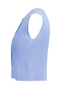 Light blue sleeveless knit top with a V-neck, ribbed texture, and a fitted silhouette, featuring a straight hem and side seams.