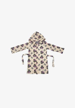 Kinder-Bademantel mit Kapuze in Cremefarbe, versehen mit einem sich wiederholenden Muster von Cartoonfiguren und rosa Schleifen. Hergestellt aus weichem, flauschigem Stoff.