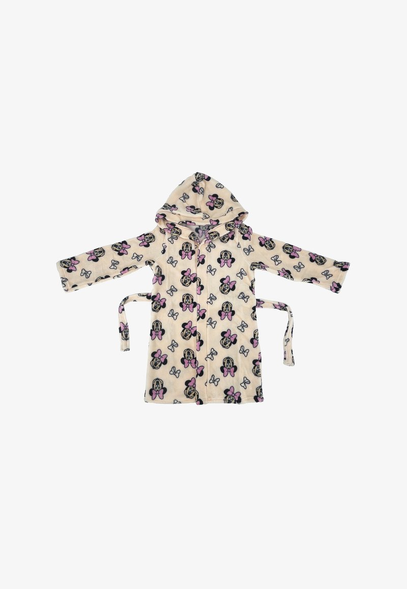 Accappatoio con cappuccio per bambini di color crema, caratterizzato da un motivo ripetuto di personaggi dei cartoni animati e fiocchi rosa. Realizzato in un morbido e soffice tessuto.