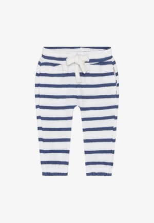 Pantalon rayé en bleu marine et blanc, fabriqué en matière douce. Dispose d'une taille à cordon, de poignets élastiques et d'une poche latérale.