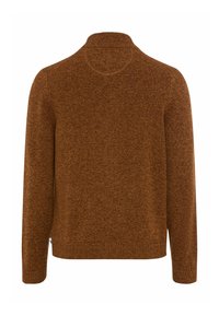 Pull en maille marron texturé avec un col montant, des manches longues et un ourlet côtelé. Présente un motif subtil et un détail d'étiquette latérale.