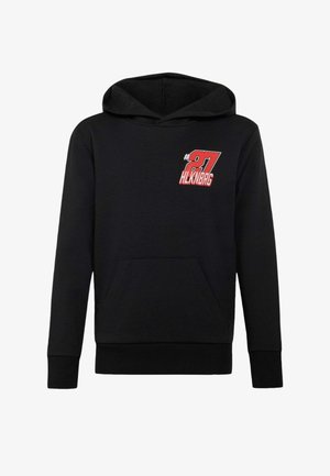 Black hooded sweatshirt with front pocket and red-white graphic "#27 HLKNBRG" on the upper left chest.