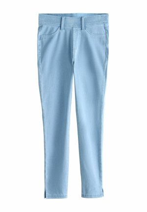 Lyseblå slim-fit bukser med forlommer, bæltestropper og små sidesplitter ved anklerne.