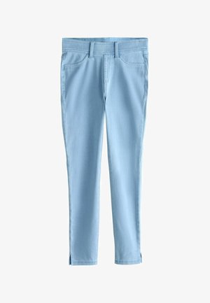 Pantalon bleu clair coupe slim avec poches avant, passants pour ceinture et petites fentes latérales à la cheville.