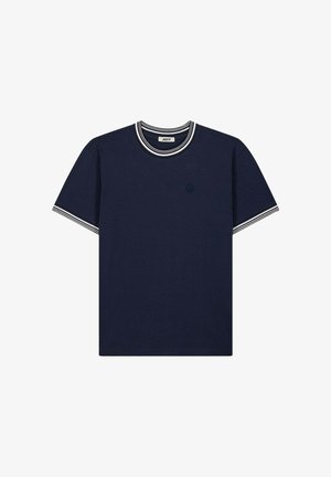 T-shirt in cotone blu navy con scollo girocollo a coste caratterizzato da righe bianche. Maniche corte con dettagli a righe; piccolo logo sul petto.