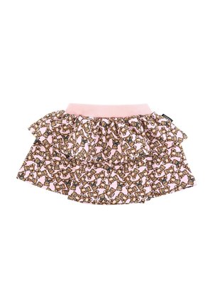 Roze peuterrok met gerimpelde lagen en een bruin teddybeerpatroon, voorzien van een geribde elastische tailleband.