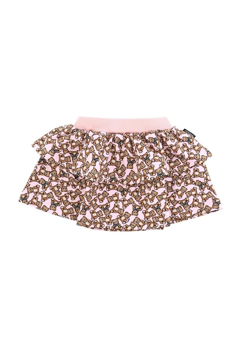 Gonna rosa per bambini con strati arricciati e un motivo di orsetti marroni, dotata di una fascia elastica a coste.