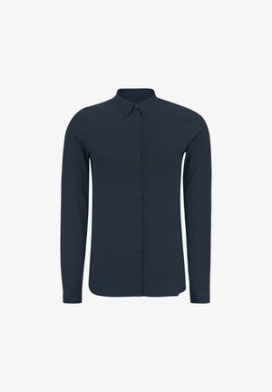 Long-sleeve, button-up shirt in dark navy. Made of smooth fabric with a classic collar and straight cut. Features front placket and cuffs.