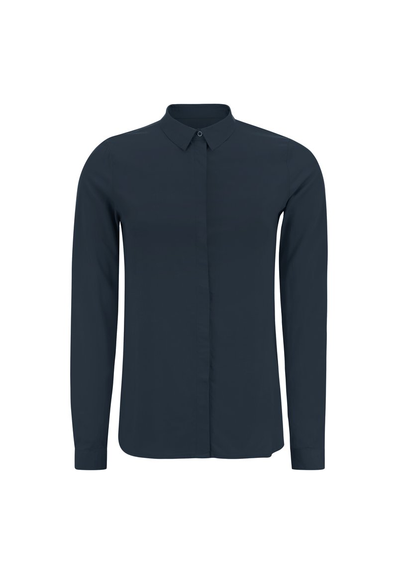 Long-sleeve, button-up shirt in dark navy. Made of smooth fabric with a classic collar and straight cut. Features front placket and cuffs.