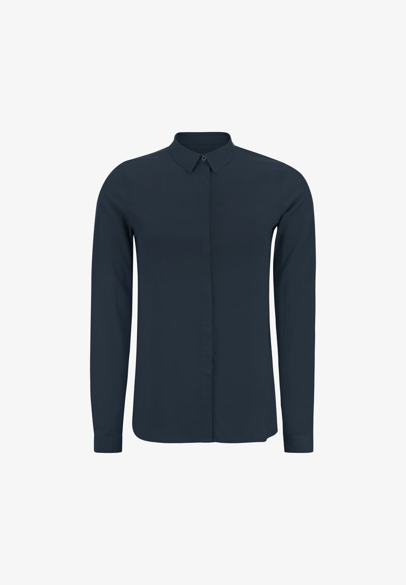 Long-sleeve, button-up shirt in dark navy. Made of smooth fabric with a classic collar and straight cut. Features front placket and cuffs.