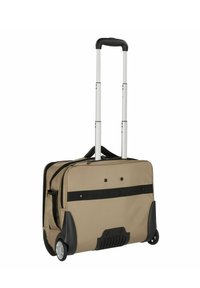Maletín rodante de tela beige con detalles en negro; cuenta con un mango retráctil, dos ruedas y compartimentos con cremallera.