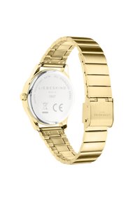 Goldfarbener Edelstahluhren mit einem glatten, metallischen Armband und rundem Gehäuse. Verfügt über einen klaren Glasboden, der die Markendetails und die Wasserdichtigkeitsbewertung anzeigt.