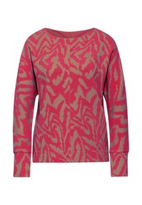 Sweater à manches longues en rose et beige avec un design de motif animal abstrait, présentant une encolure large et des poignets et un ourlet côtelés.